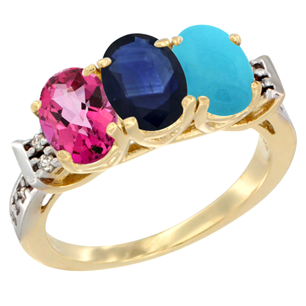 Sabrina Silver 14K Yellow Gold Natural Pink Topaz, Blue Sapphire & Turquoise Ring 3-Stone Oval 7x5 mm Diamond Accent, sizes 5 - 10
