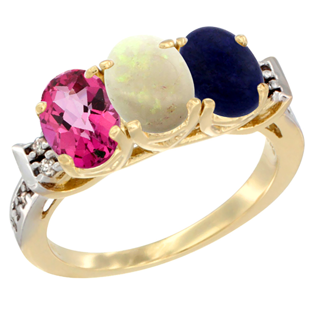 Sabrina Silver 14K Yellow Gold Natural Pink Topaz, Opal & Lapis Ring 3-Stone Oval 7x5 mm Diamond Accent, sizes 5 - 10