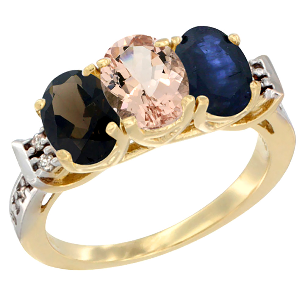 Sabrina Silver 14K Yellow Gold Natural Smoky Topaz, Morganite & Blue Sapphire Ring 3-Stone Oval 7x5 mm Diamond Accent, sizes 5 - 10