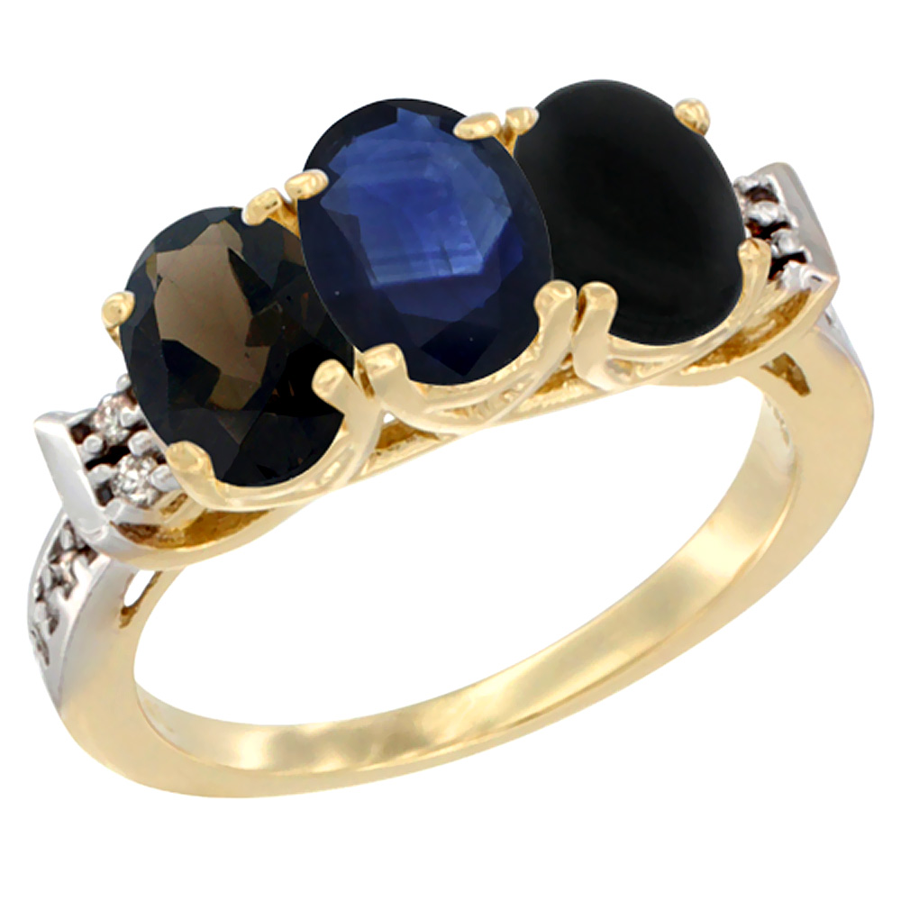 Sabrina Silver 14K Yellow Gold Natural Smoky Topaz, Blue Sapphire & Black Onyx Ring 3-Stone Oval 7x5 mm Diamond Accent, sizes 5 - 10