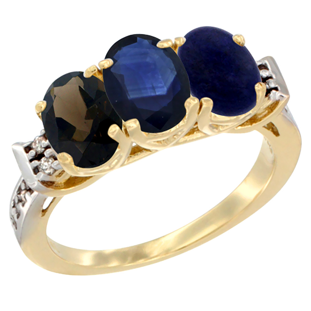 Sabrina Silver 14K Yellow Gold Natural Smoky Topaz, Blue Sapphire & Lapis Ring 3-Stone Oval 7x5 mm Diamond Accent, sizes 5 - 10