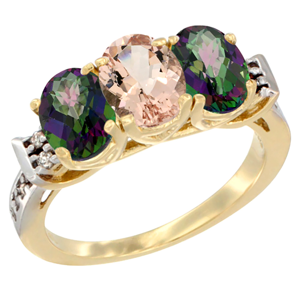 Sabrina Silver 14K Yellow Gold Natural Morganite & Mystic Topaz Sides Ring 3-Stone Oval 7x5 mm Diamond Accent, sizes 5 - 10