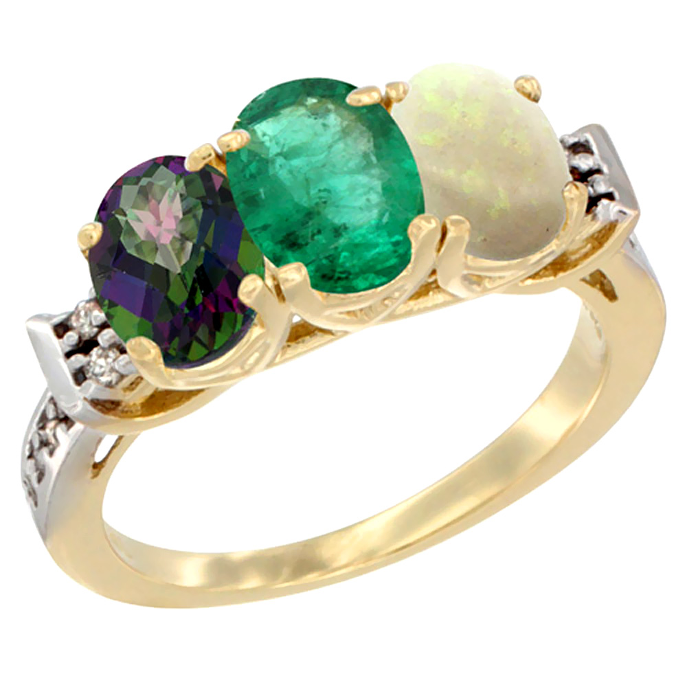 Sabrina Silver 14K Yellow Gold Natural Mystic Topaz, Emerald & Opal Ring 3-Stone Oval 7x5 mm Diamond Accent, sizes 5 - 10