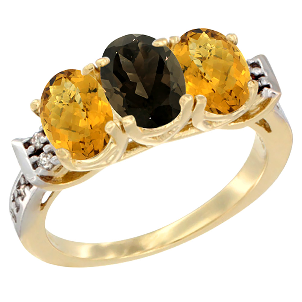 Sabrina Silver 14K Yellow Gold Natural Smoky Topaz & Whisky Quartz Ring 3-Stone 7x5 mm Oval Diamond Accent, sizes 5 - 10