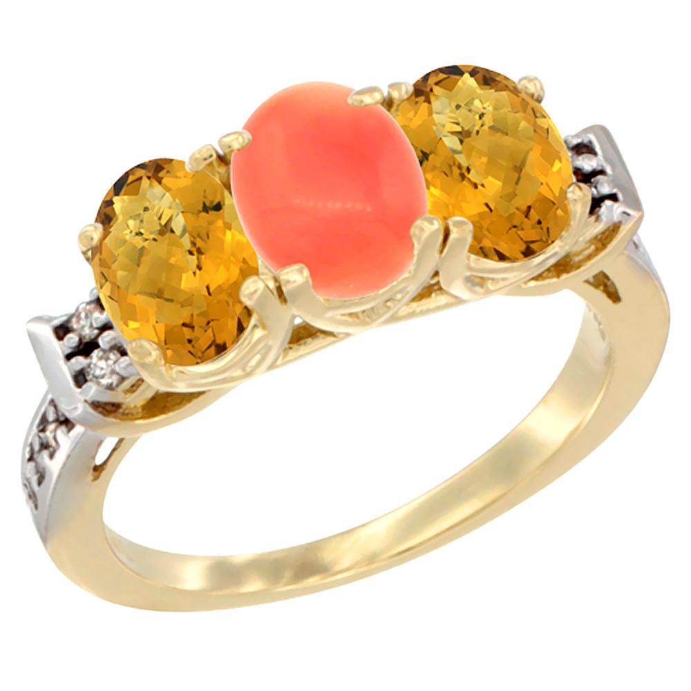 Sabrina Silver 14K Yellow Gold Natural Coral & Whisky Quartz Ring 3-Stone 7x5 mm Oval Diamond Accent, sizes 5 - 10