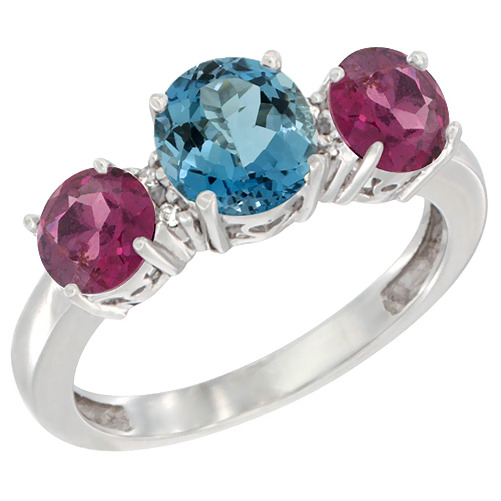 Sabrina Silver 10K White Gold Round 3-Stone Natural London Blue Topaz Ring & Rhodolite Sides Diamond Accent, sizes 5 - 10