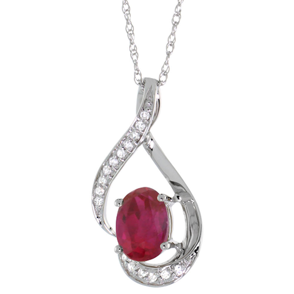 Sabrina Silver 14K White Gold Diamond Natural Quality Ruby Necklace Oval 7x5 mm, 18 inch long