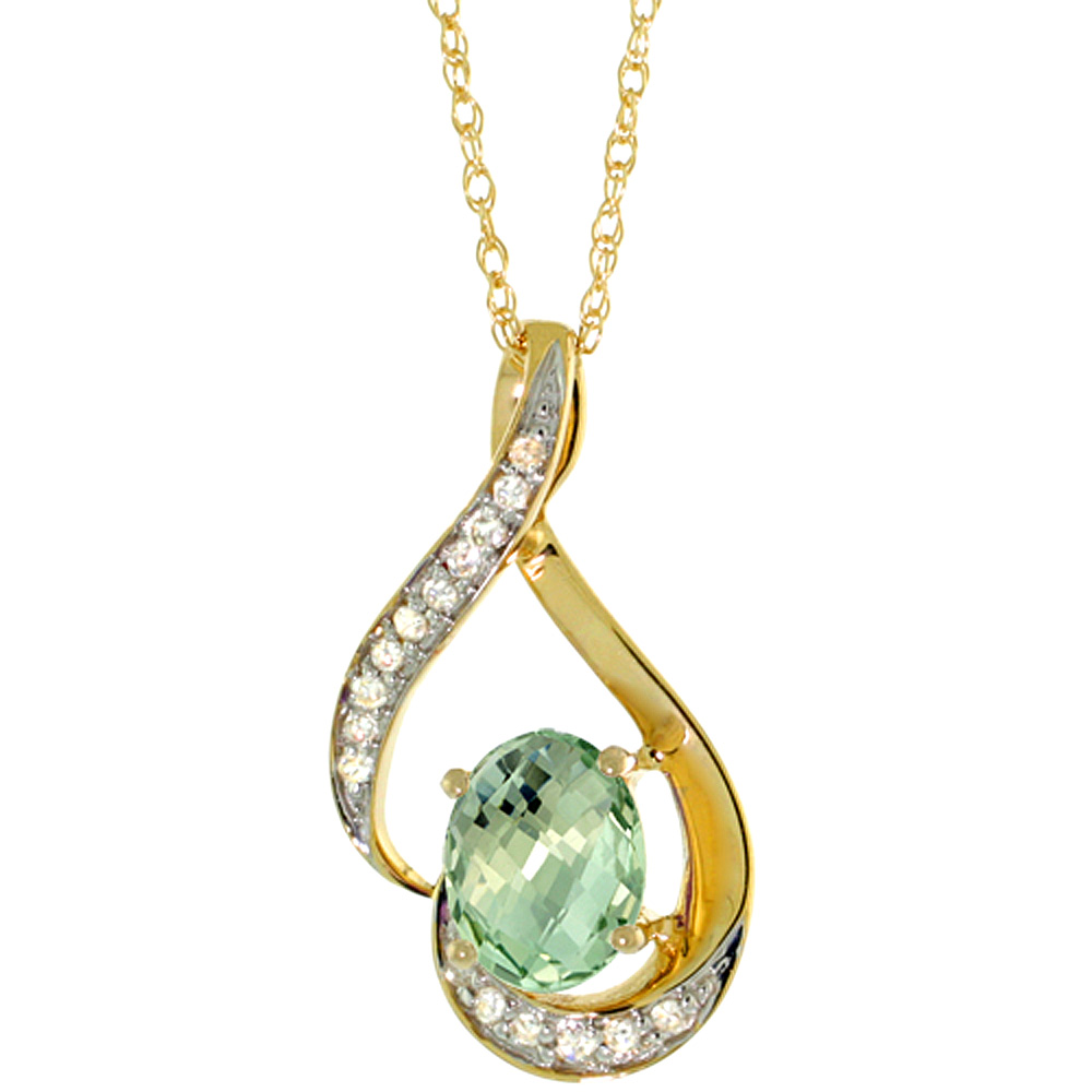 Sabrina Silver 14K Yellow Gold Diamond Natural Green Amethyst Necklace Oval 7x5 mm, 18 inch long