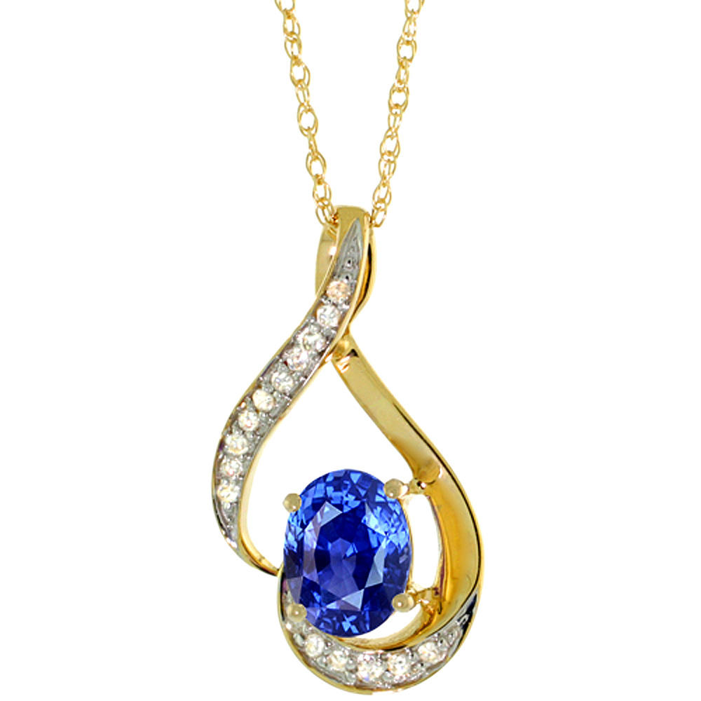 Sabrina Silver 14K Yellow Gold Diamond Natural Blue Sapphire Necklace Oval 7x5 mm, 18 inch long