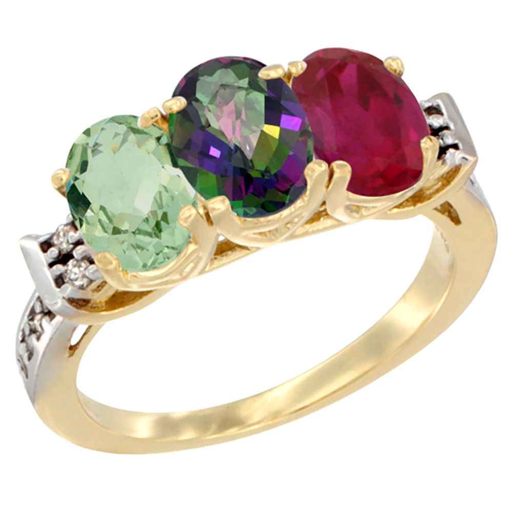 Sabrina Silver 10K Yellow Gold Natural Green Amethyst, Mystic Topaz & Enhanced Ruby Ring 3-Stone Oval 7x5 mm Diamond Accent, sizes 5 - 10