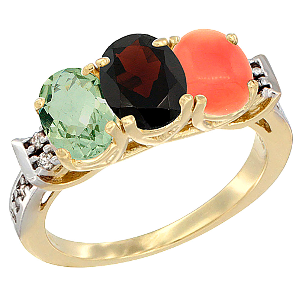 Sabrina Silver 10K Yellow Gold Natural Green Amethyst, Garnet & Coral Ring 3-Stone Oval 7x5 mm Diamond Accent, sizes 5 - 10