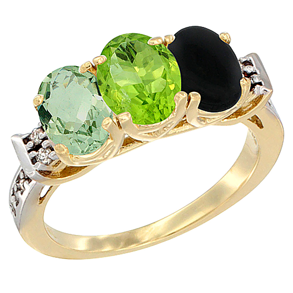 Sabrina Silver 10K Yellow Gold Natural Green Amethyst, Peridot & Black Onyx Ring 3-Stone Oval 7x5 mm Diamond Accent, sizes 5 - 10