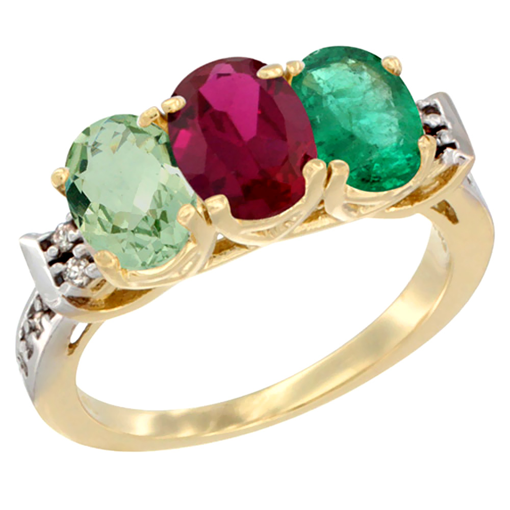 Sabrina Silver 10K Yellow Gold Natural Green Amethyst, Enhanced Ruby & Natural Emerald Ring 3-Stone Oval 7x5 mm Diamond Accent, sizes 5 - 10