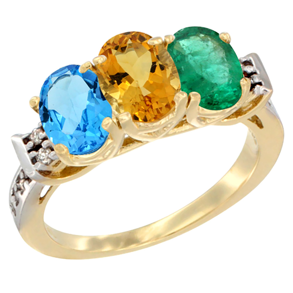 Sabrina Silver 10K Yellow Gold Natural Swiss Blue Topaz, Citrine & Emerald Ring 3-Stone Oval 7x5 mm Diamond Accent, sizes 5 - 10