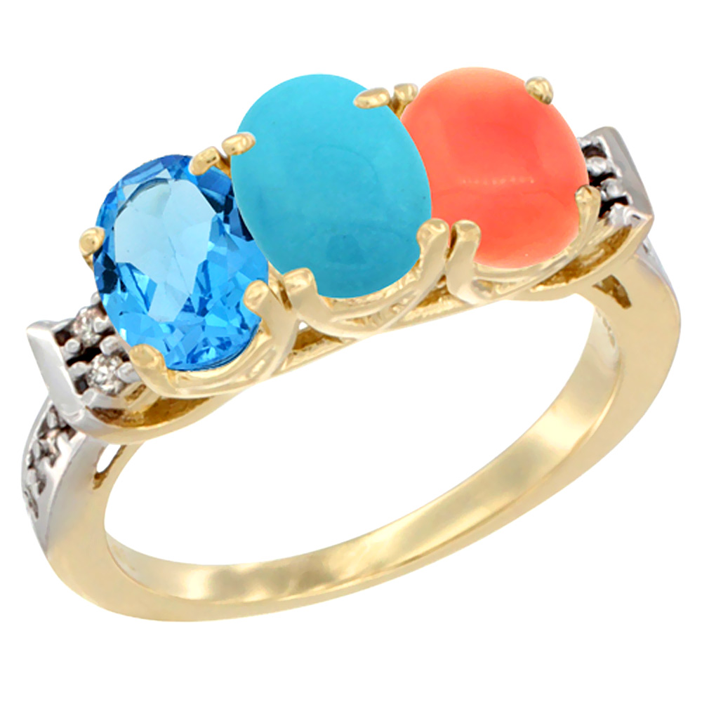 Sabrina Silver 10K Yellow Gold Natural Swiss Blue Topaz, Turquoise & Coral Ring 3-Stone Oval 7x5 mm Diamond Accent, sizes 5 - 10