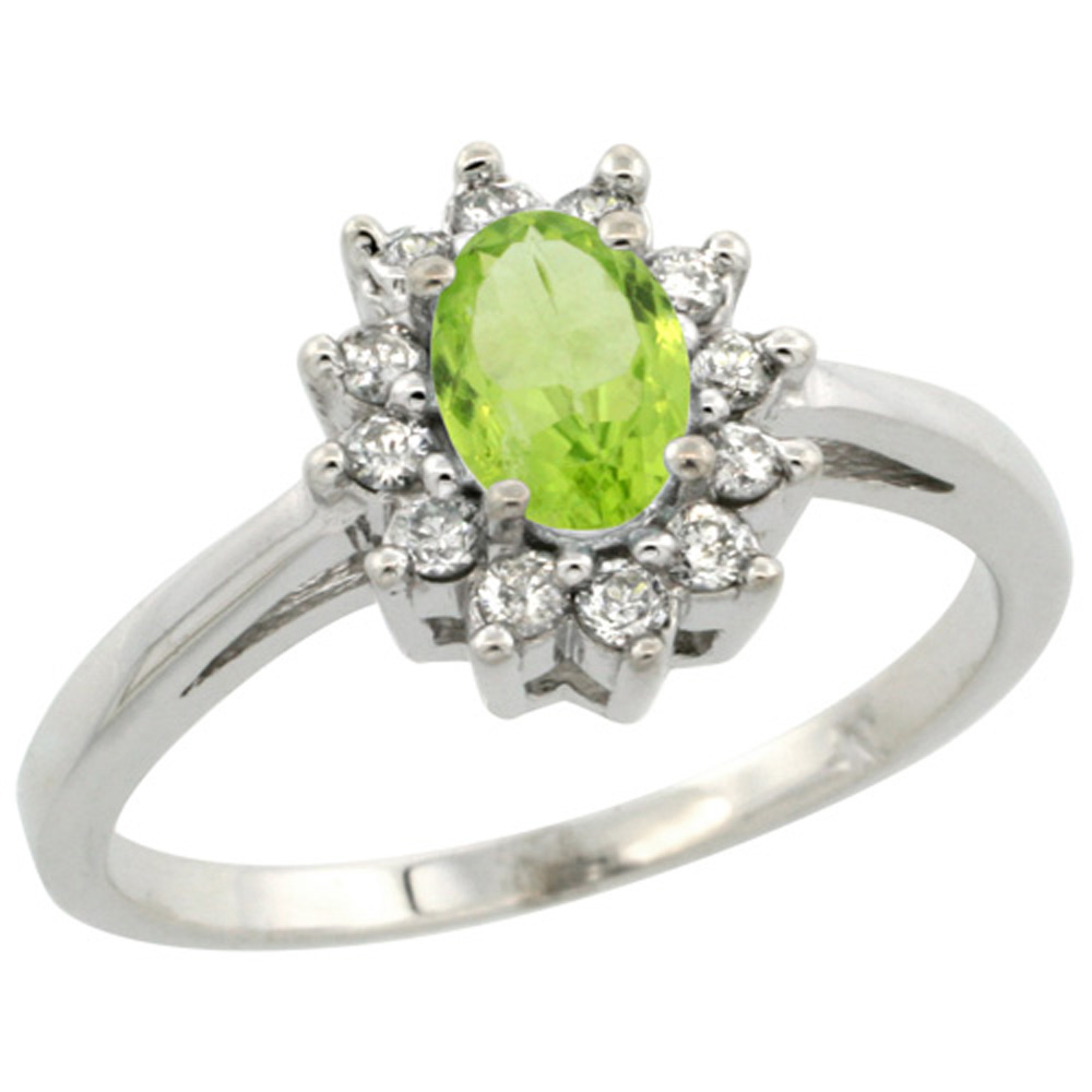 Sabrina Silver Sterling Silver Natural Peridot Diamond Flower Halo Ring Oval 6X4mm, 3/8 inch wide, sizes 5 10