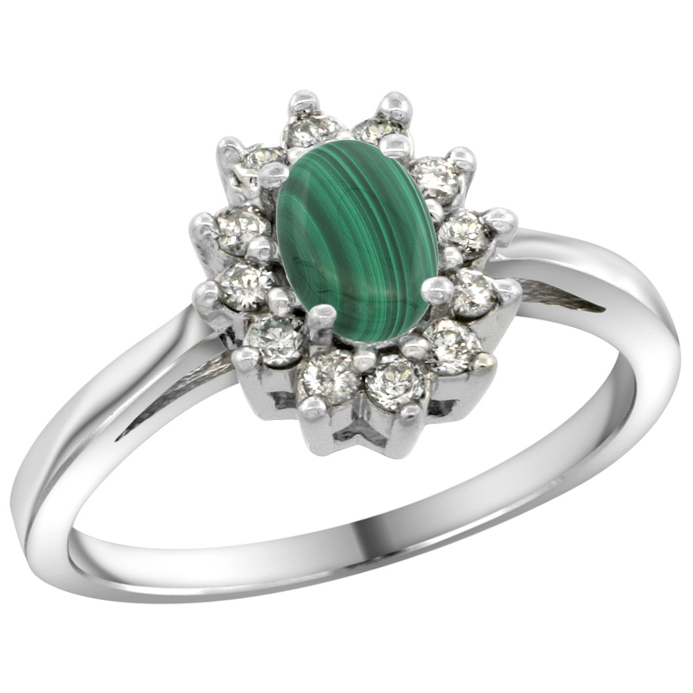 Sabrina Silver Sterling Silver Natural Malachite Diamond Flower Halo Ring Oval 6X4mm, 3/8 inch wide, sizes 5 10