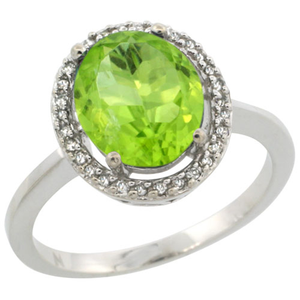 Sabrina Silver Sterling Silver Diamond Halo Natural Peridot Ring Oval 10X8 mm, 1/2 inch wide, sizes 5-10