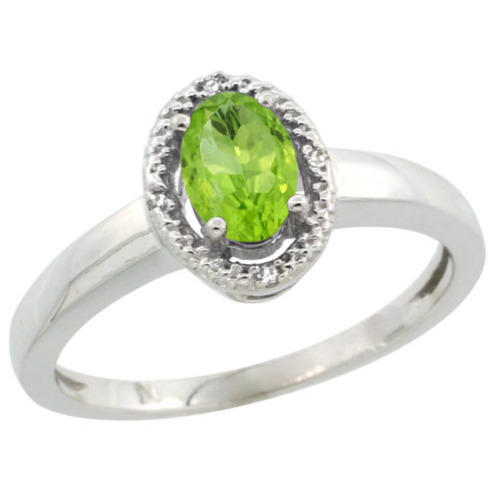 Sabrina Silver Sterling Silver Diamond Halo Natural Peridot Ring Oval 6X4 mm, 3/8 inch wide, sizes 5-10
