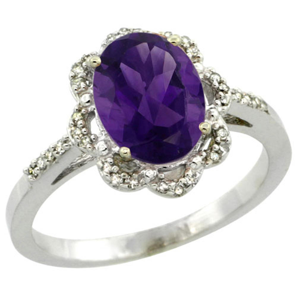 Sabrina Silver Sterling Silver Diamond Halo Natural Amethyst Ring Oval 9x7mm, 7/16 inch wide, sizes 5-10