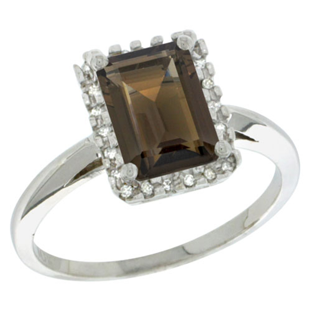 Sabrina Silver Sterling Silver Diamond Natural Smoky Topaz Ring Emerald-cut 8x6mm, 1/2 inch wide, sizes 5-10