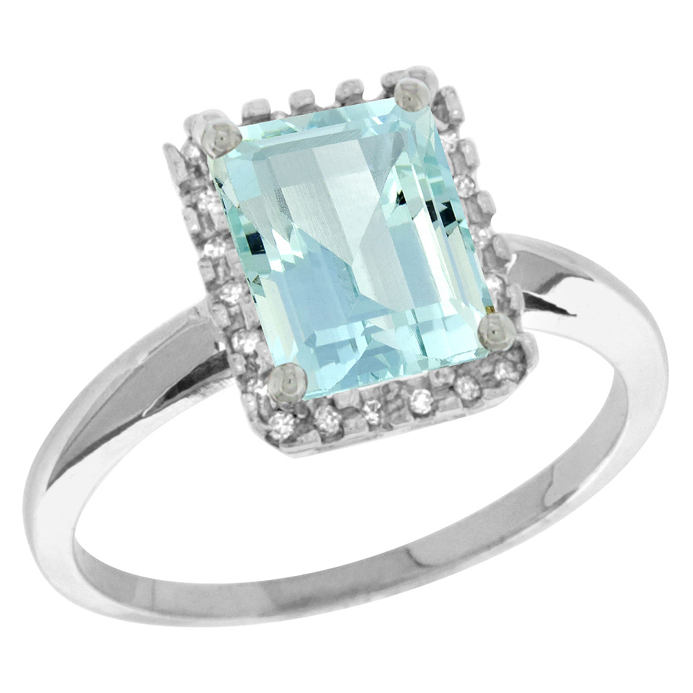 Sabrina Silver Sterling Silver Diamond Natural Aquamarine Ring Emerald-cut 8x6mm, 1/2 inch wide, sizes 5-10