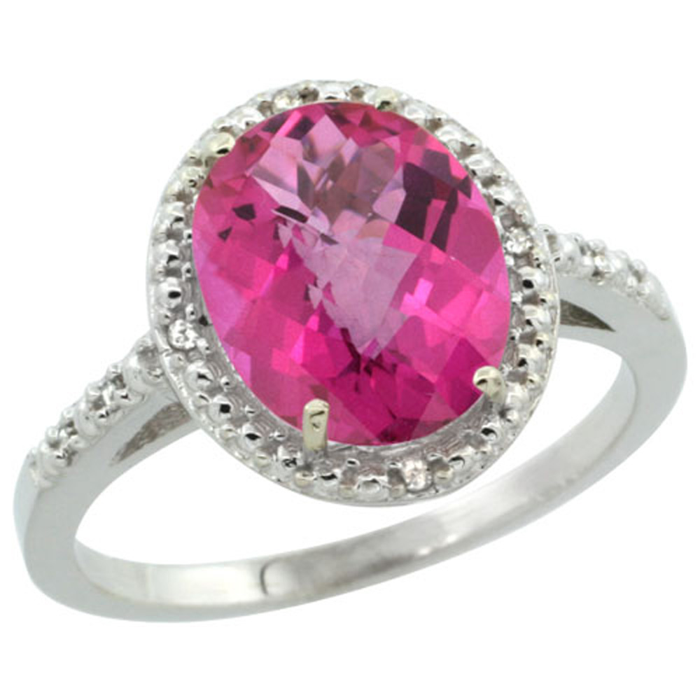 Sabrina Silver Sterling Silver Diamond Natural Pink Topaz Ring Oval 10x8mm, 1/2 inch wide, sizes 5-10