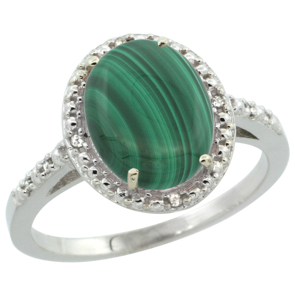 Sabrina Silver Sterling Silver Diamond Natural Malachite Ring Oval 10x8mm, 1/2 inch wide, sizes 5-10
