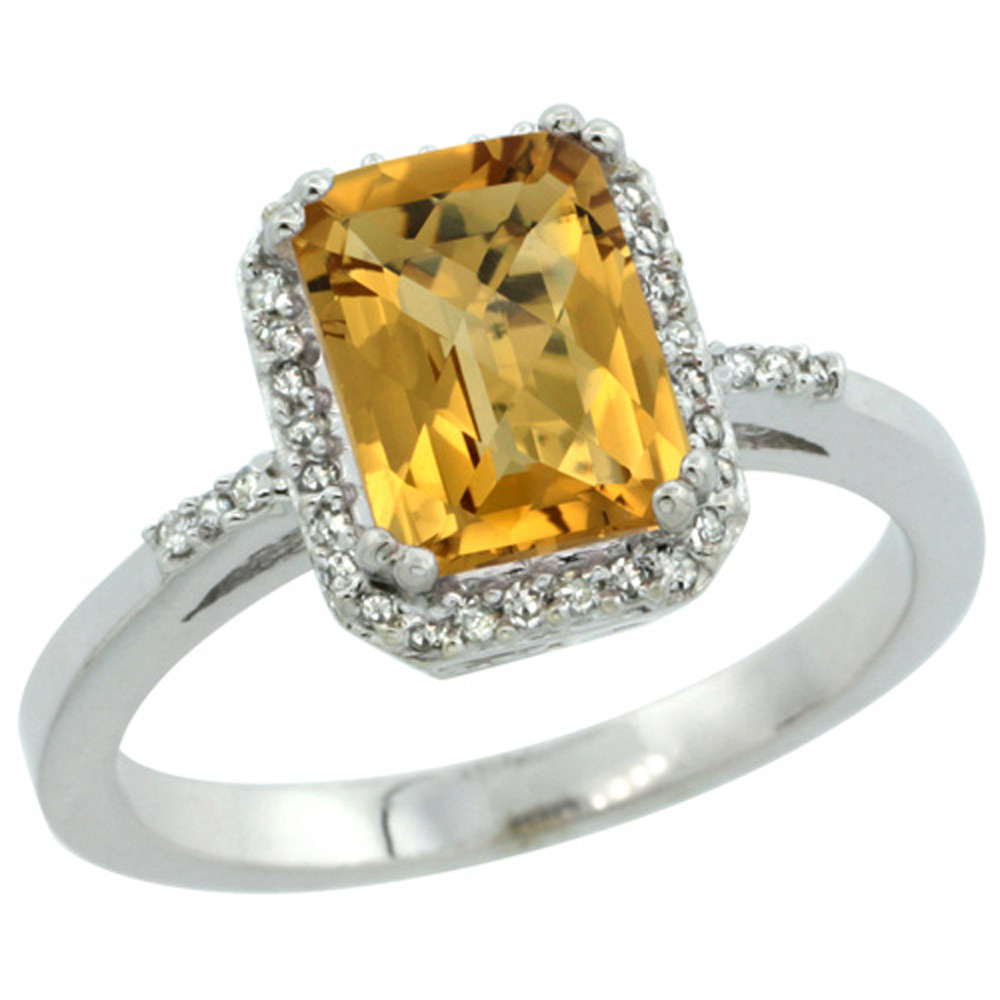Sabrina Silver Sterling Silver Diamond Natural Whisky Quartz Ring Emerald-cut 8x6mm, 1/2 inch wide, sizes 5-10