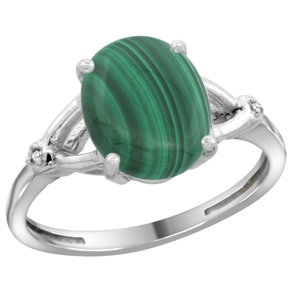Sabrina Silver Sterling Silver Diamond 10x8mm Oval Natural Malachite Engagement Ring for Women 3/8 inch wide Sizes 5-10
