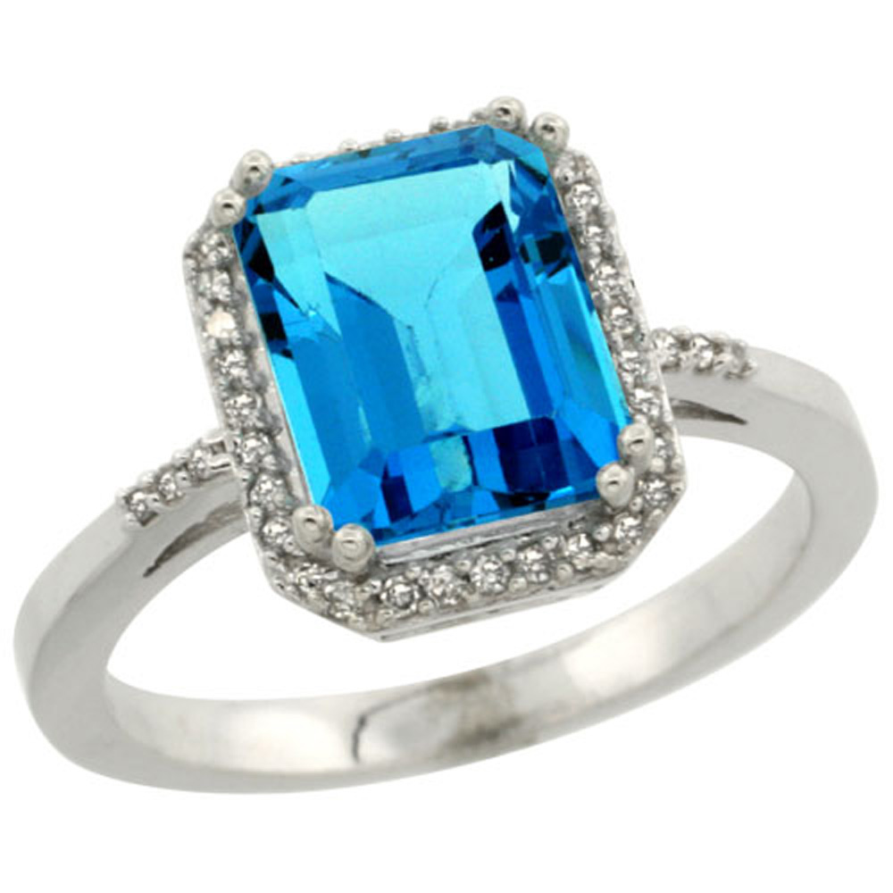 Sabrina Silver Sterling Silver Diamond Natural Swiss Blue Topaz Ring Emerald-cut 9x7mm, 1/2 inch wide, sizes 5-10
