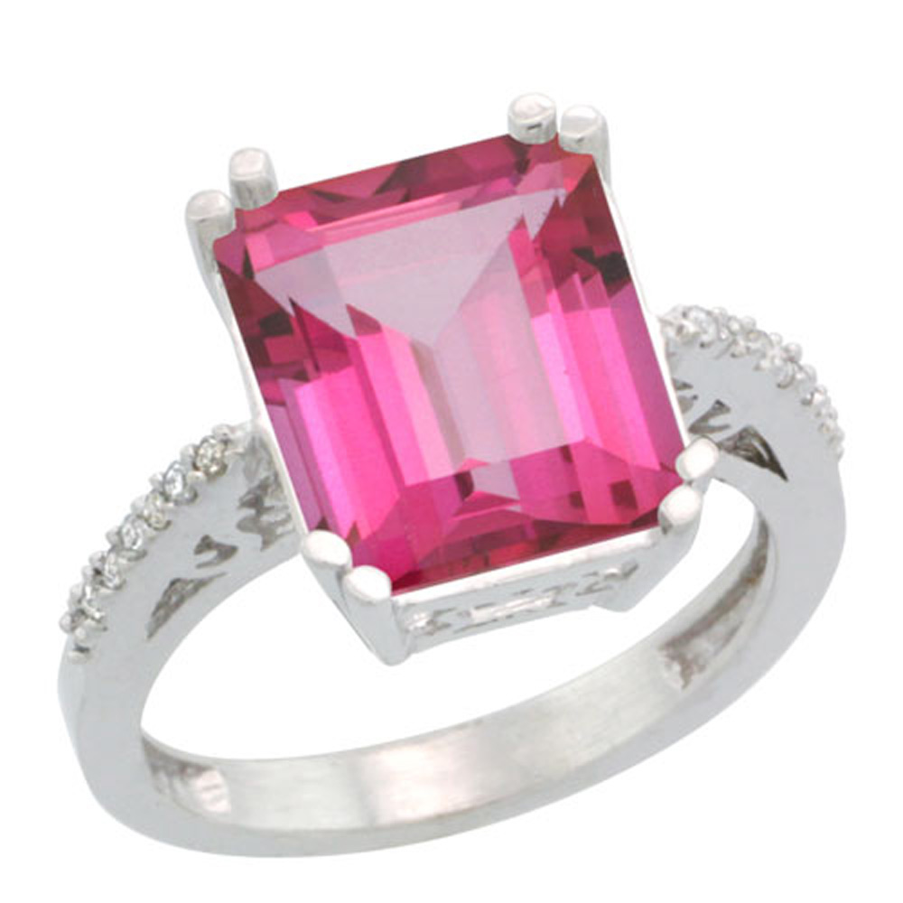 Sabrina Silver Sterling Silver Diamond Natural Pink Topaz Ring Emerald-cut 12x10mm, 1/2 inch wide, sizes 5-10