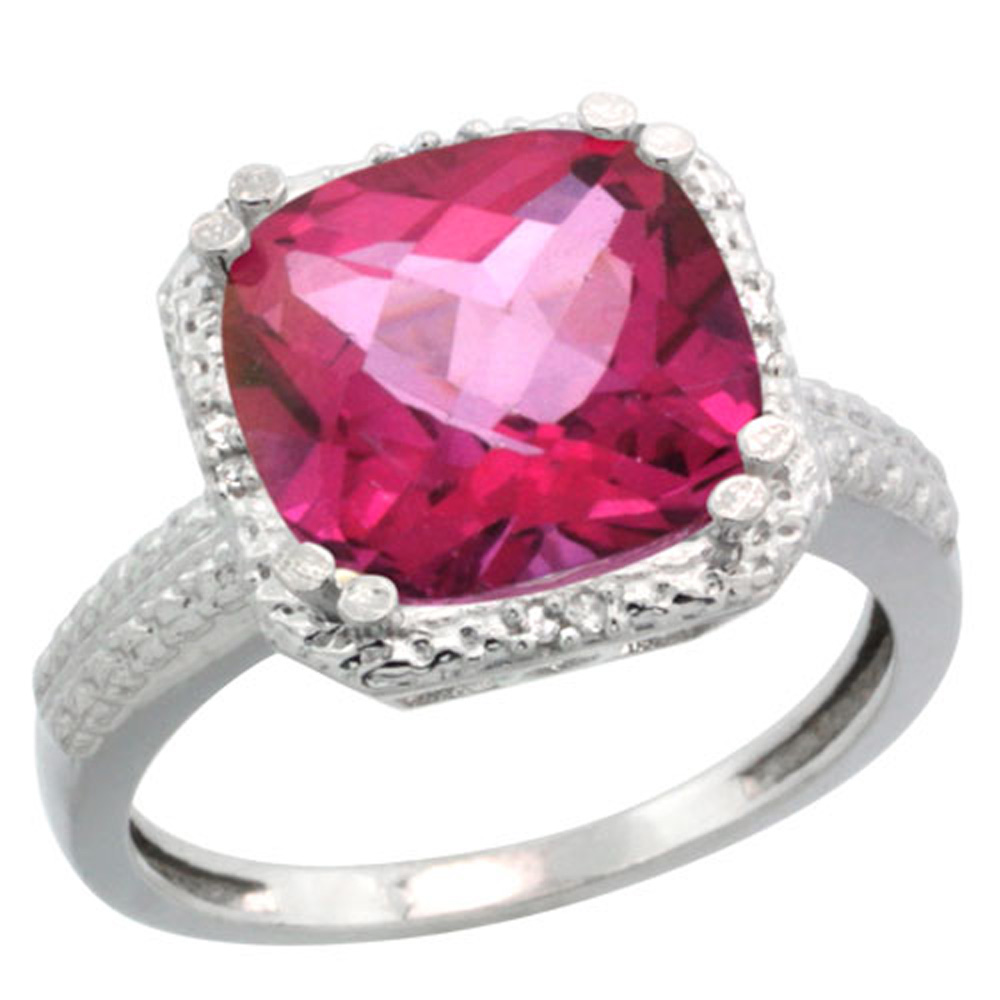 Sabrina Silver Sterling Silver Diamond Natural Pink Topaz Ring Cushion-cut 11x11mm, 1/2 inch wide, sizes 5-10