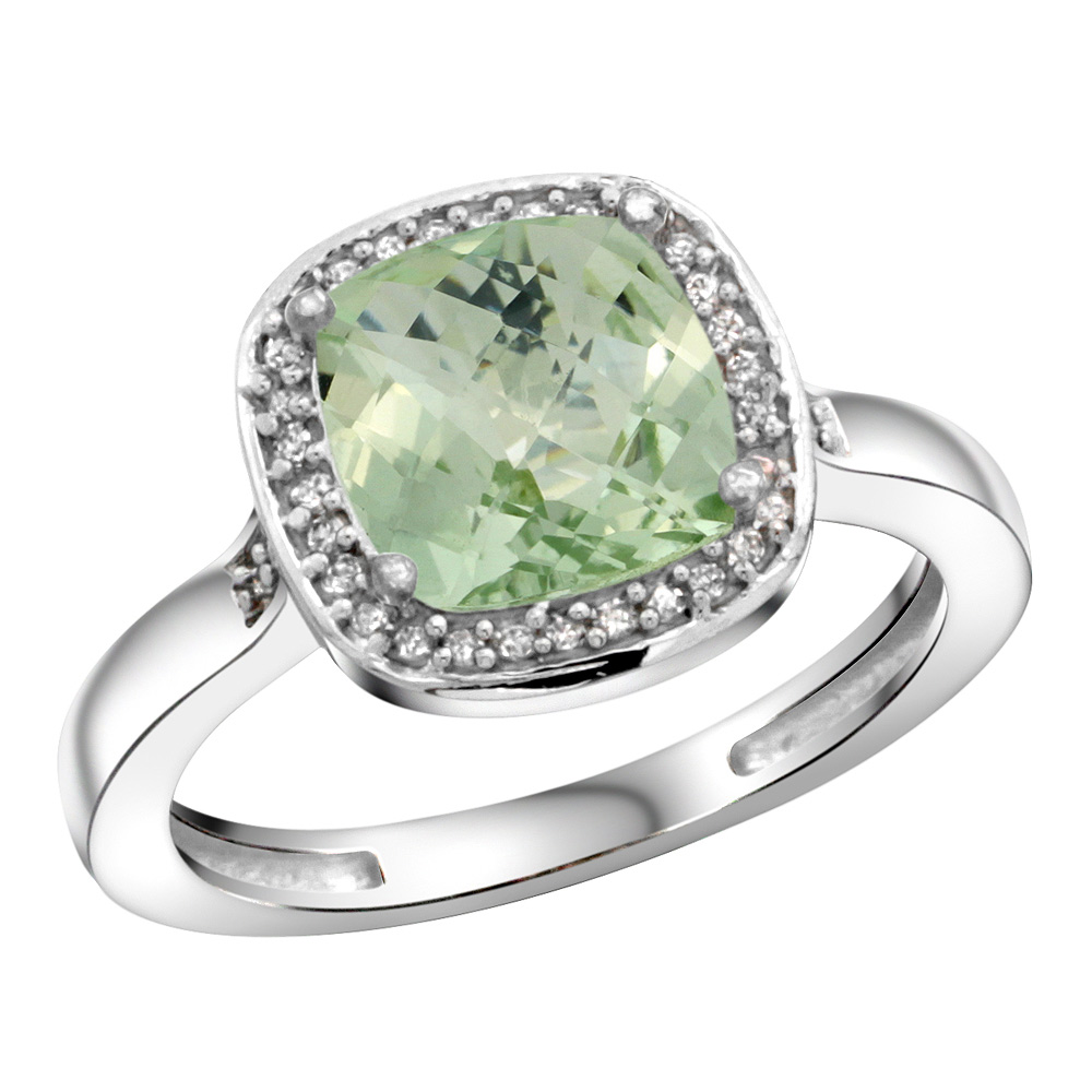 Sabrina Silver Sterling Silver Diamond Natural Green Amethyst Ring Cushion-cut 8x8mm, 1/2 inch wide, sizes 5-10