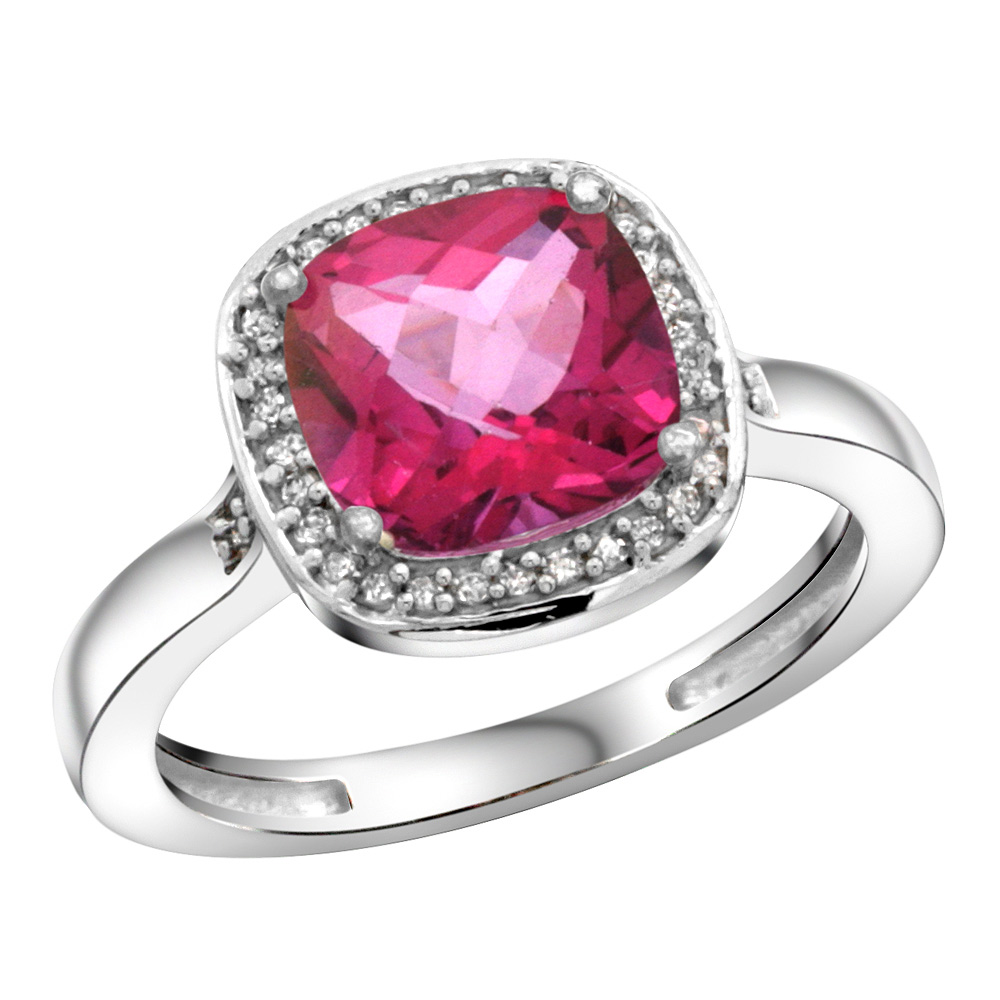Sabrina Silver Sterling Silver Diamond Natural Pink Topaz Ring Cushion-cut 8x8mm, 1/2 inch wide, sizes 5-10