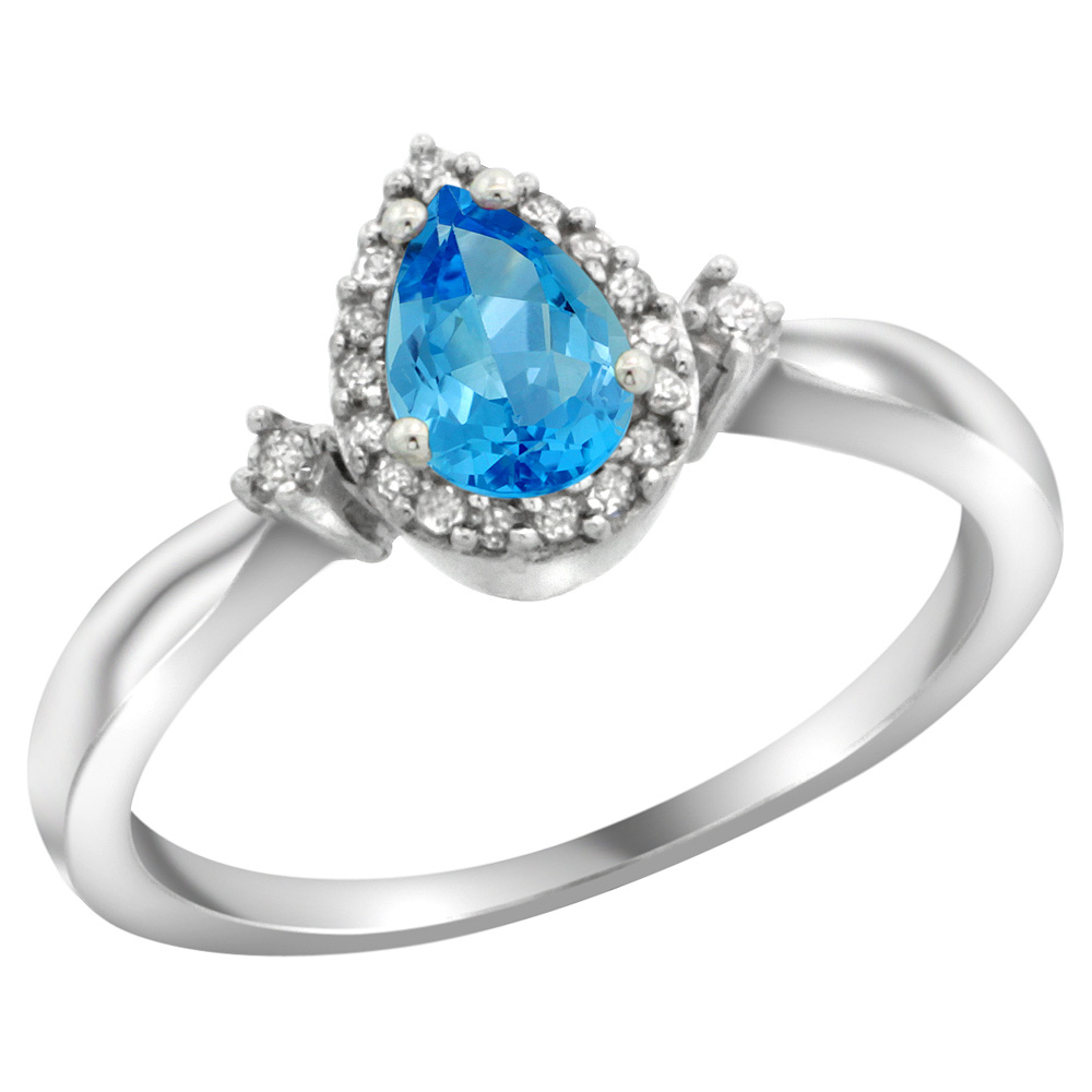 Sabrina Silver Sterling Silver Diamond Natural Swiss Blue Topaz Ring Pear 6x4mm, 3/8 inch wide, sizes 5-10