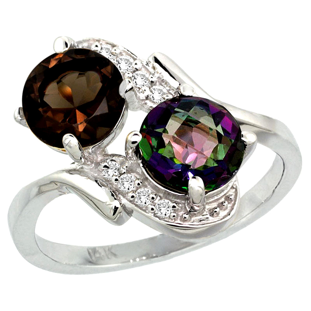 Sabrina Silver 10K White Gold Diamond Natural Smoky & Mystic Topaz Mother"s Ring Round 7mm, 3/4 inch wide, sizes 5 - 10