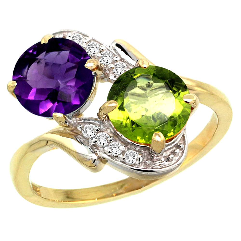 Sabrina Silver 10K Yellow Gold Diamond Natural Amethyst & Peridot Mother"s Ring Round 7mm, 3/4 inch wide, sizes 5 - 10