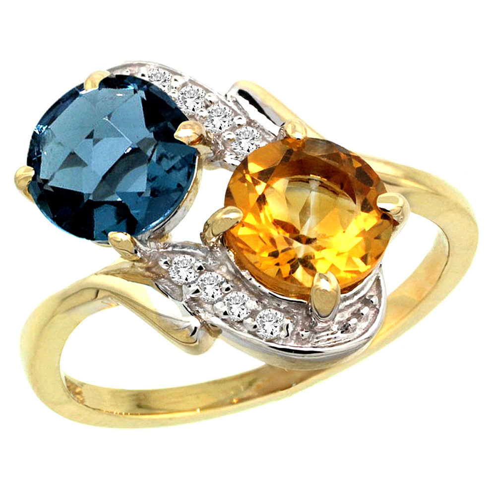 Sabrina Silver 10K Yellow Gold Diamond Natural London Blue Topaz & Citrine Mother"s Ring Round 7mm, 3/4 inch wide, sizes 5 - 10