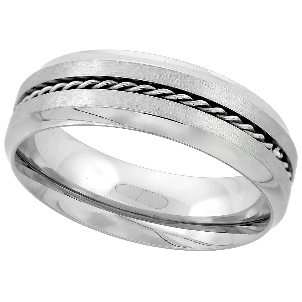 Sabrina Silver Stainless Steel 7mm Rope Inlay Wedding Band Ring Matte Finish Concaved Edges Comfort Fit, sizes 8 - 14