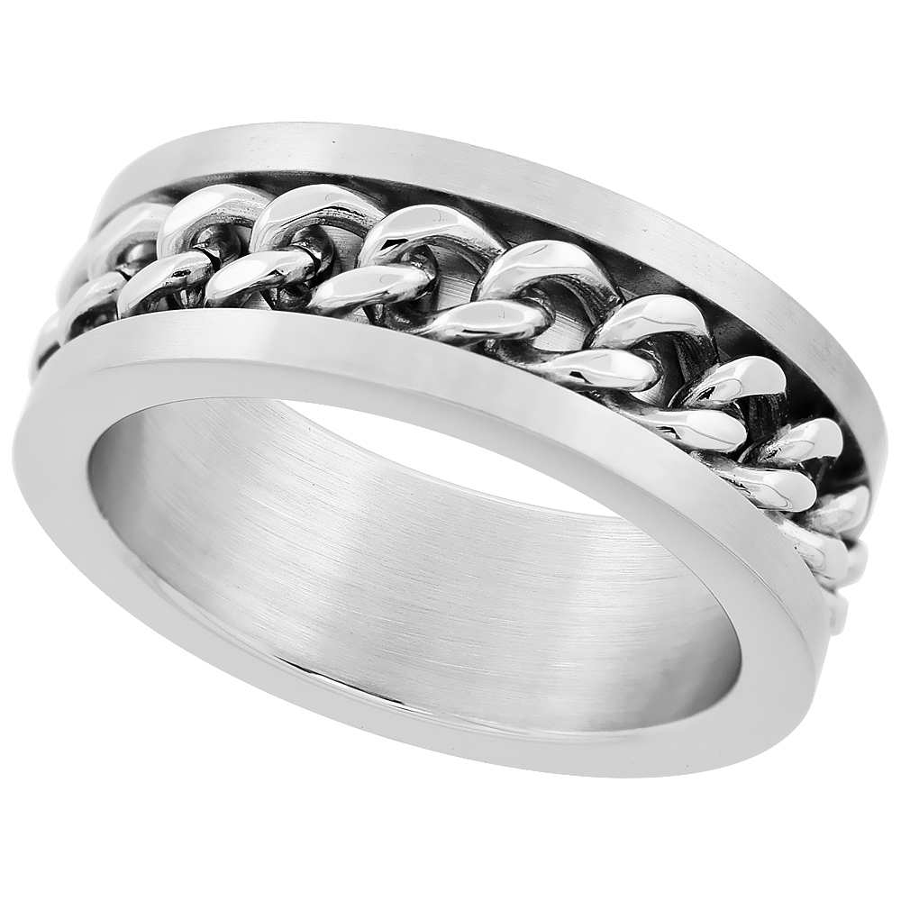 Sabrina Silver Surgical Stainless Steel 8mm Wedding Band Ring Curb Chain Inlay Matte Finish, sizes 8 - 14