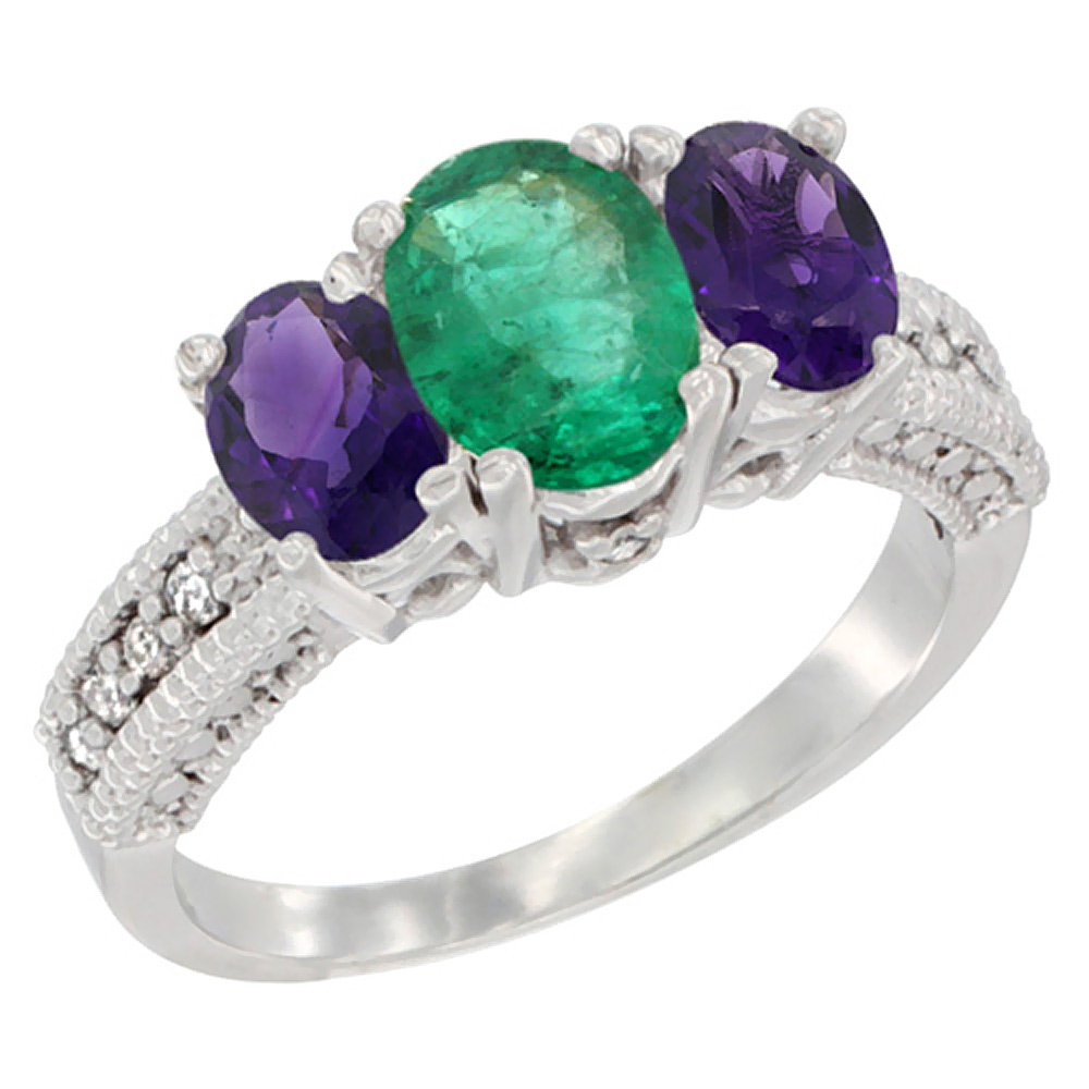 Sabrina Silver 10K White Gold Diamond Natural Quality Emerald 7x5mm & 6x4mm Amethyst Oval 3-stone Mothers Ring,size5-10