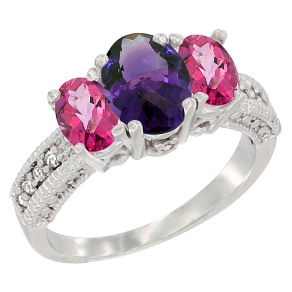 Sabrina Silver 10K White Gold Diamond Natural Amethyst Ring Oval 3-stone with Pink Topaz, sizes 5 - 10