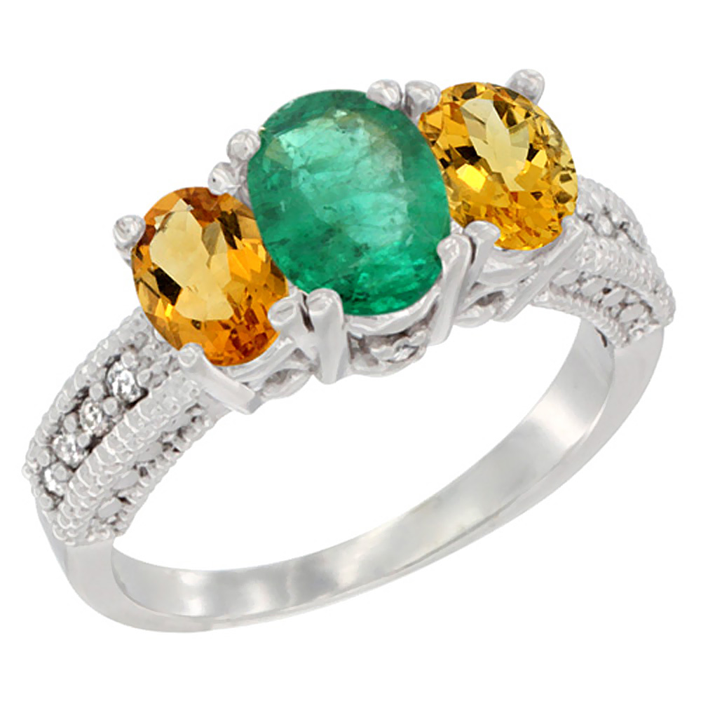 Sabrina Silver 10K White Gold Diamond Natural Emerald Ring Oval 3-stone with Citrine, sizes 5 - 10