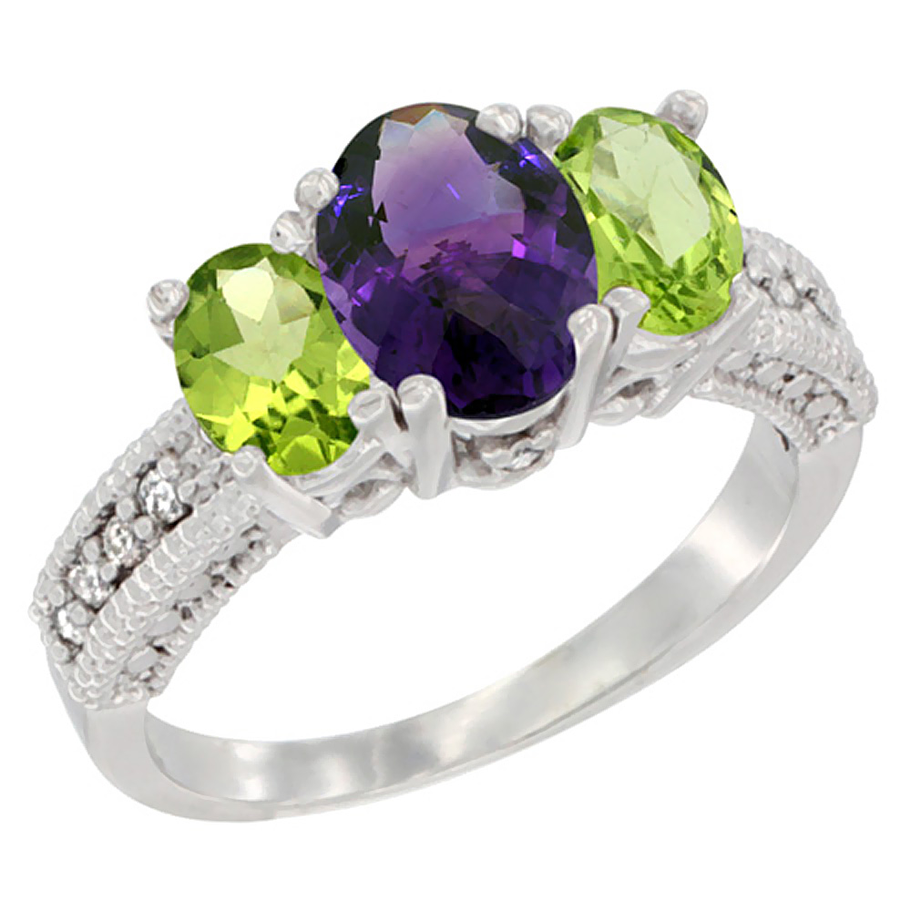 Sabrina Silver 10K White Gold Diamond Natural Amethyst Ring Oval 3-stone with Peridot, sizes 5 - 10