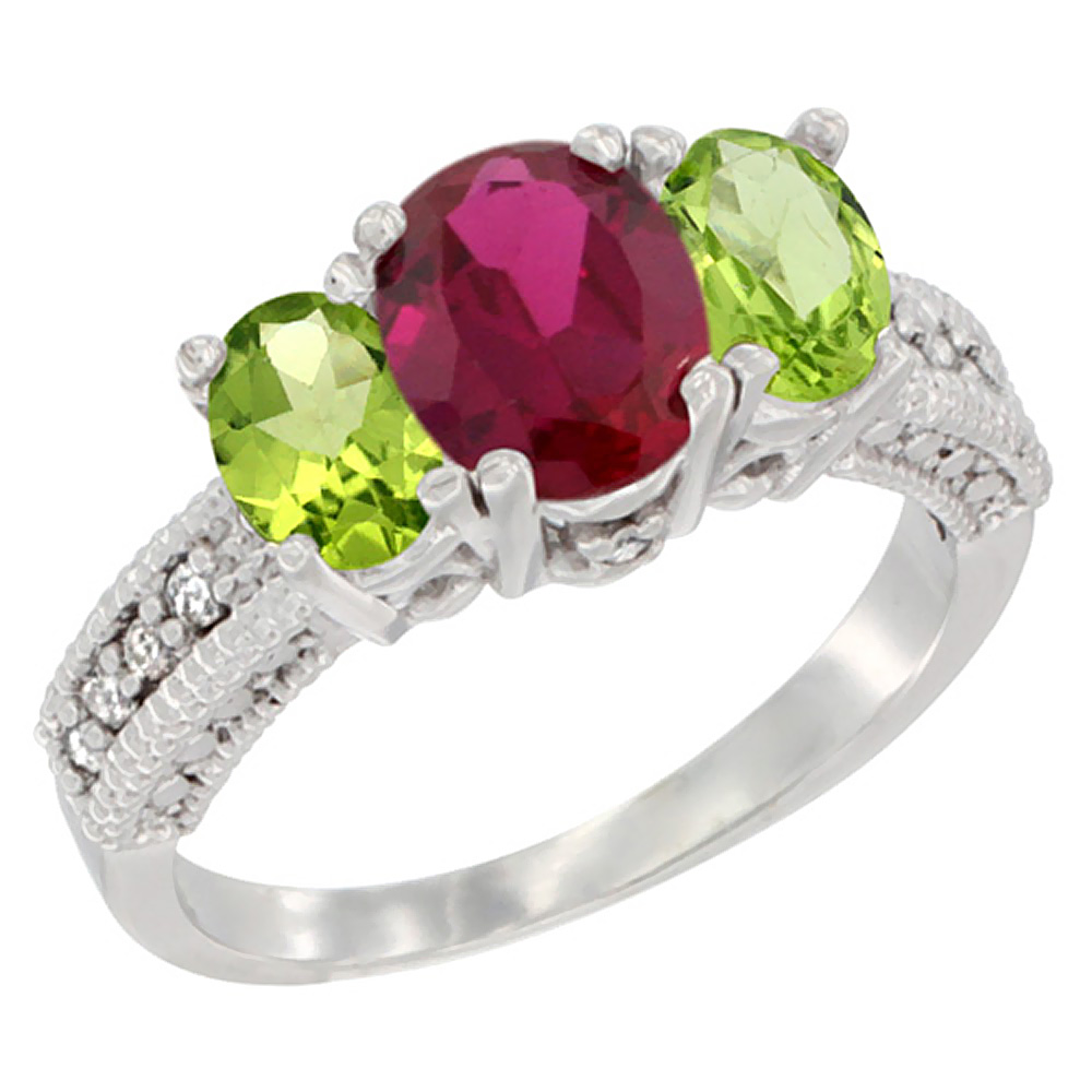 Sabrina Silver 10K White Gold Diamond Quality Ruby 7x5mm & 6x4mm Peridot Oval 3-stone Mothers Ring,size 5 - 10