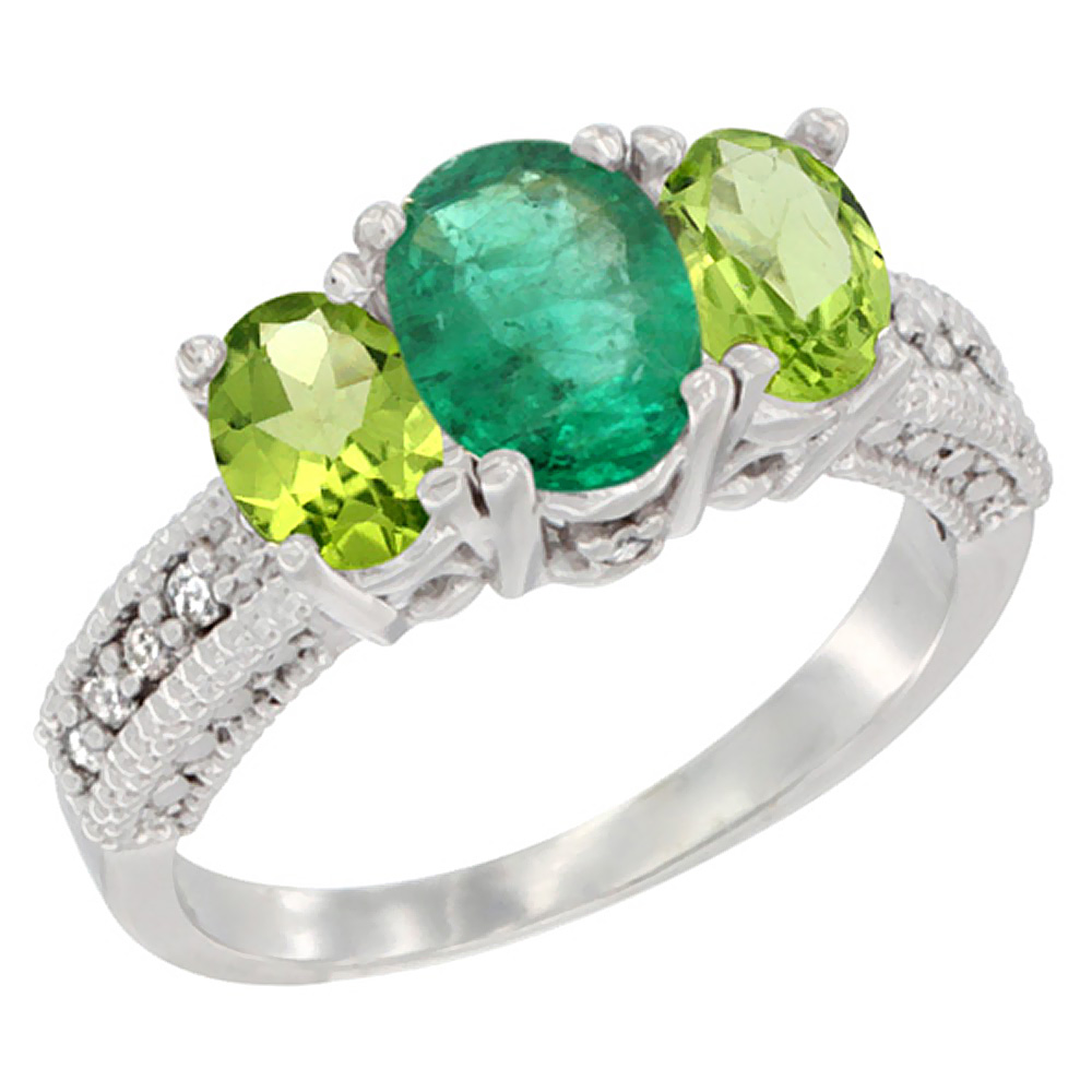 Sabrina Silver 10K White Gold Diamond Natural Emerald Ring Oval 3-stone with Peridot, sizes 5 - 10