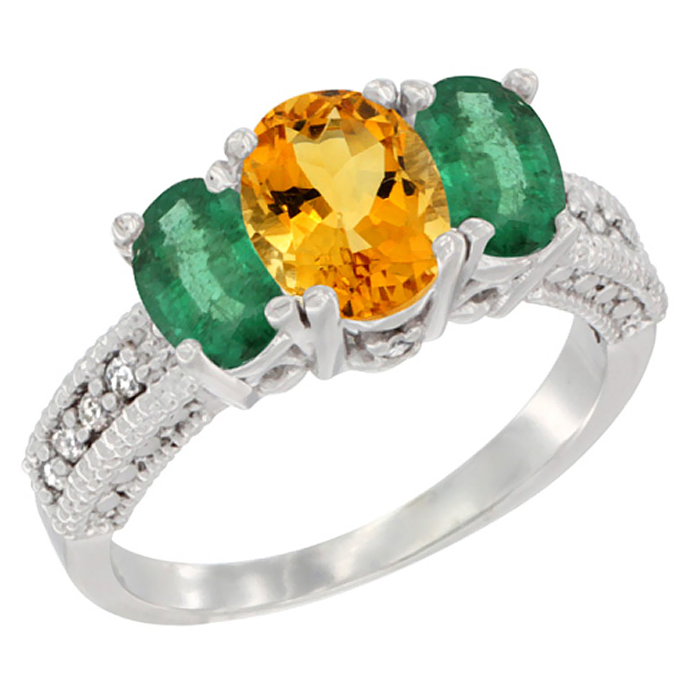 Sabrina Silver 10K White Gold Diamond Natural Citrine Ring Oval 3-stone with Emerald, sizes 5 - 10