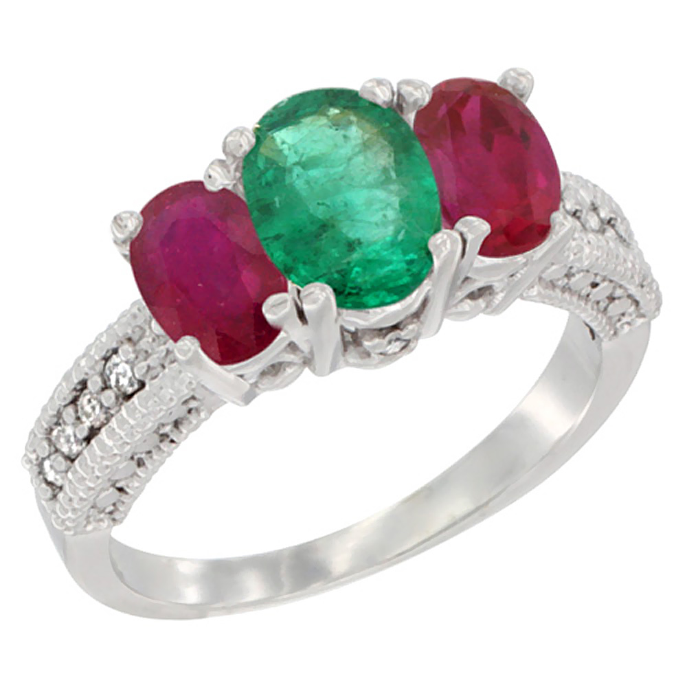 Sabrina Silver 14K White Gold Diamond Natural Emerald Ring Oval 3-stone with Enhanced Ruby, sizes 5 - 10