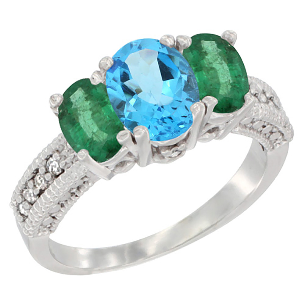 Sabrina Silver 14K White Gold Diamond Natural Swiss Blue Topaz 7x5mm & 6x4mm Quality Emerald Oval 3-stone Ring,size5-10